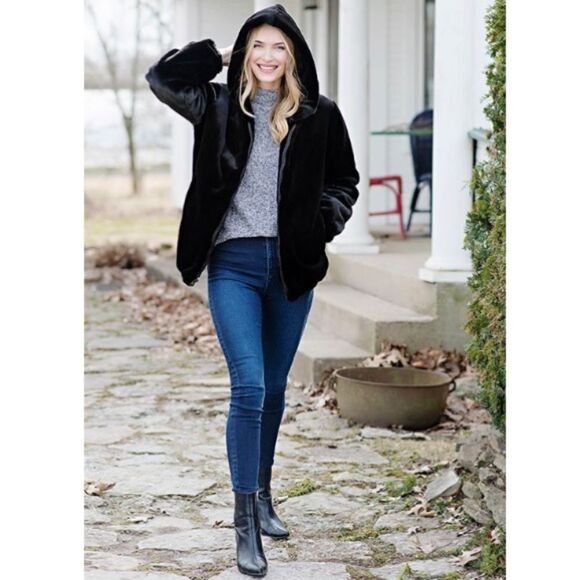 Vintage 70s Faux Fur Coat Brown Hood Full Oversized Jacket Bubble Sleeve Loeve M - Picture 2 of 16